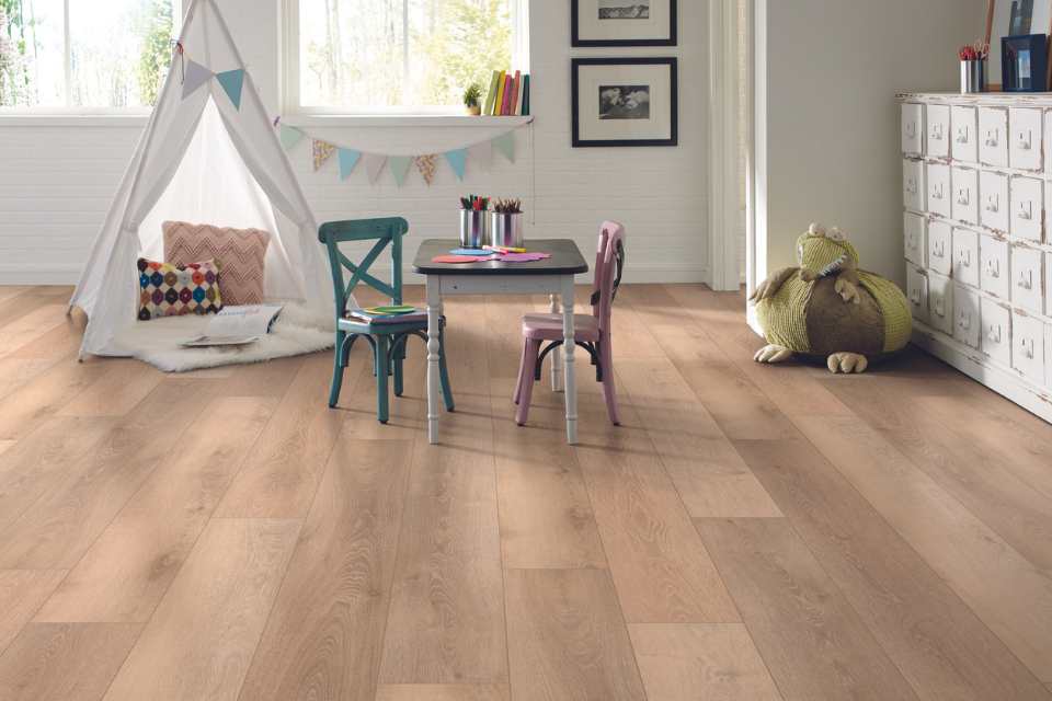 white oak look vinyl in children's playroom with pop up tent